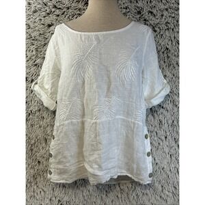 Lungo L'Arno Shirt Sz S White Linen 1/2‎ Sleeve Tunic Italy Resort Buttons Palms